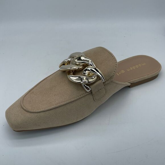 Madden Girl Squireee Womens Mules Size 8.5 Faux Tan Suede Gold Chain Slip On New - Picture 2 of 7